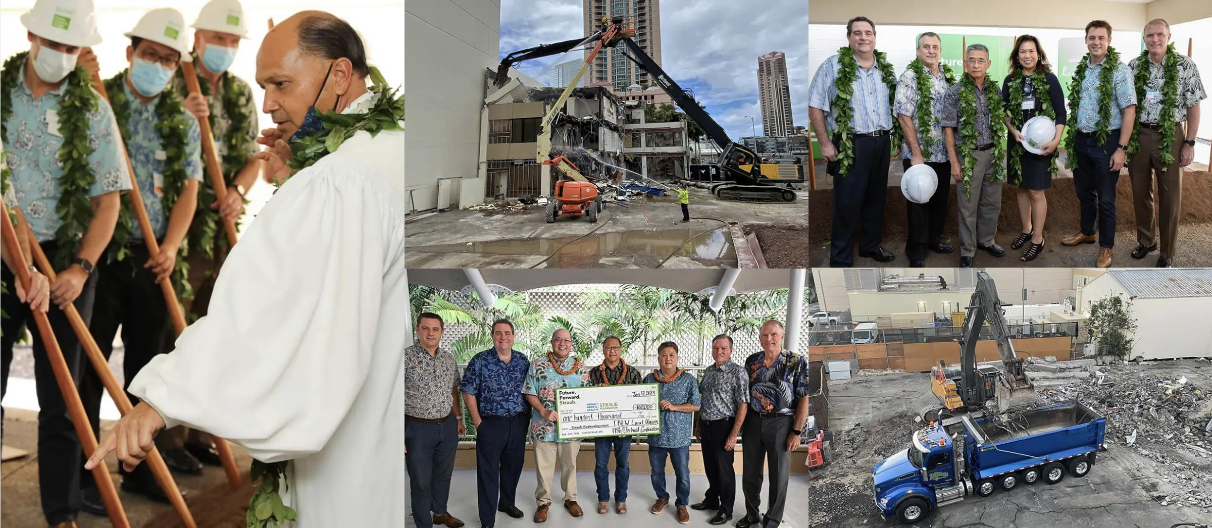 Collage of images showing ceremonial blessing and groundbreaking of construction site as well as some construction progress shots