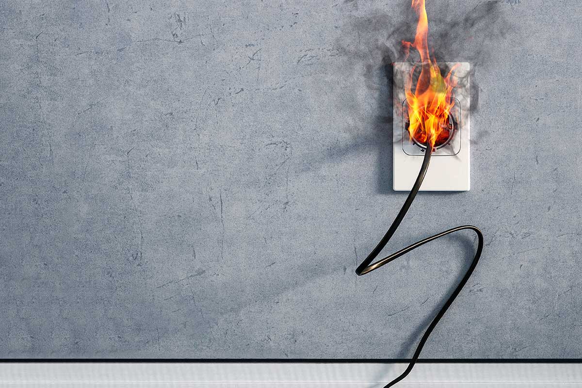 Fire and smoke on electric wire plug in electrical outlet.