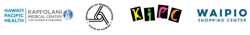 Row of logos for Kapiolani Medical Center, Hawaii Department of Transportation, KIPC, and Waipio Shopping Center.