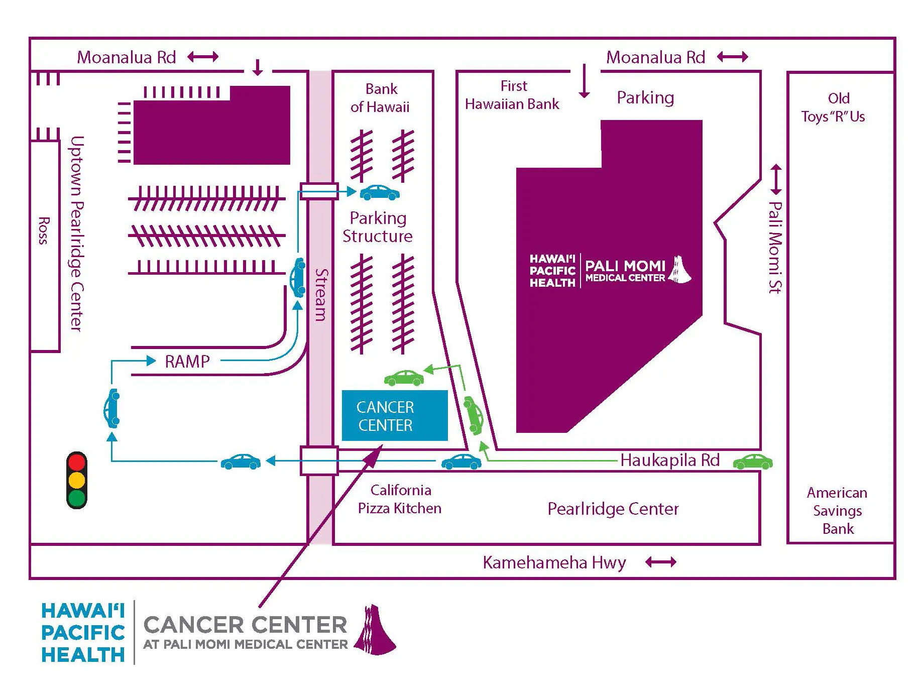 Map showing parking for Cancer Center at Pali Momi.