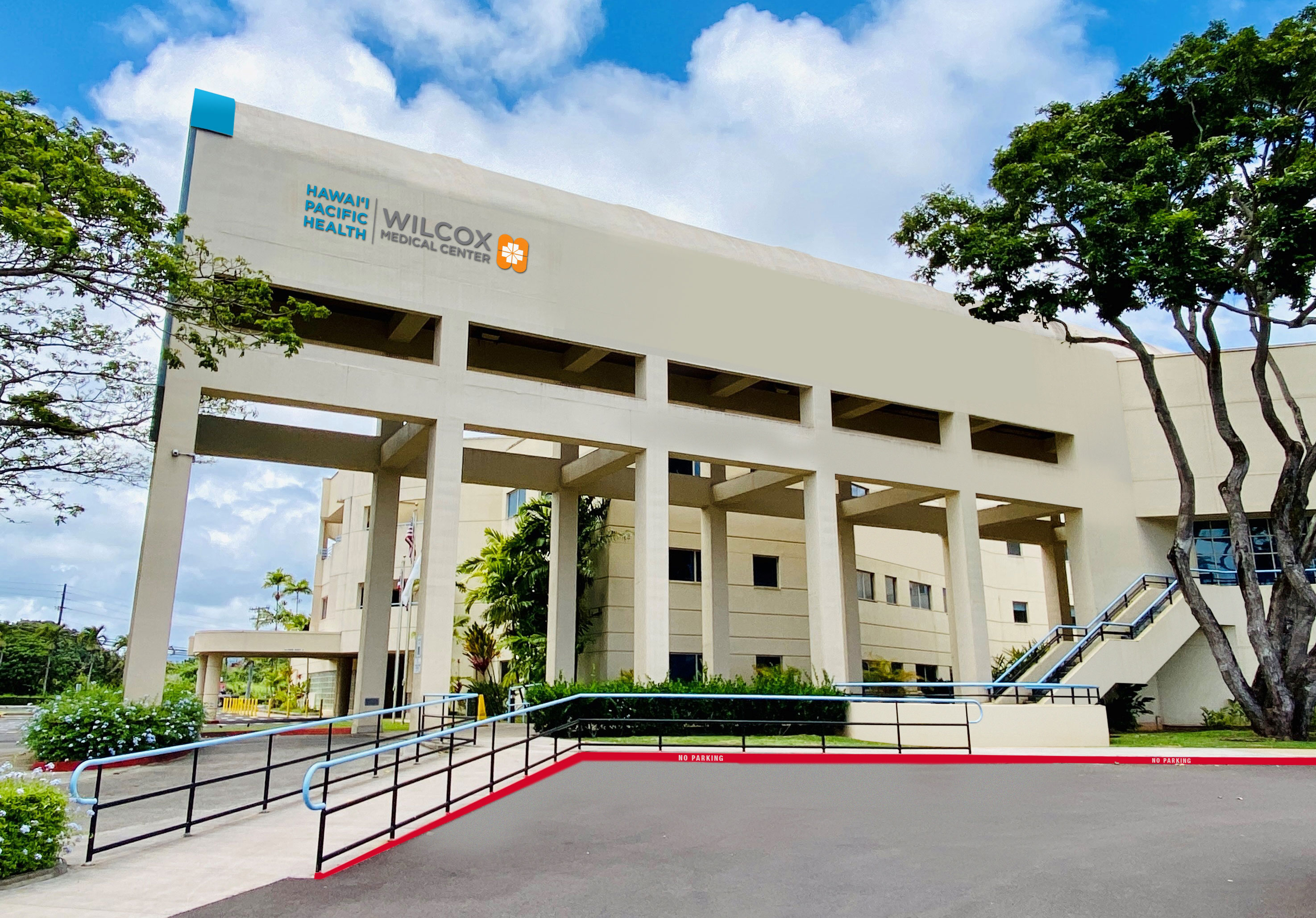 Exterior of Wilcox Medical Center. 