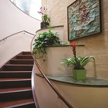 Pali Momi Women's Center interior stairway, art and plants.