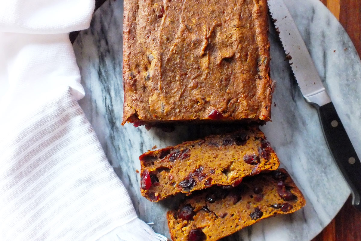 Sliced Cranberry Flax Pumpkin Bread